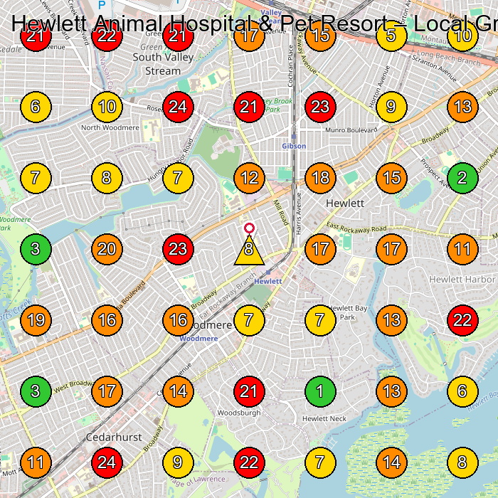 Hewlett Animal Hospital & Pet Resort Animal Hospital GeoGrid ranking map for Hewlett NY